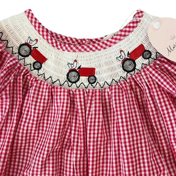 Red Gingham Dress with Tractor Embroidery Marie Nicole NWT Sz 2 yrs - Picture 1 of 5